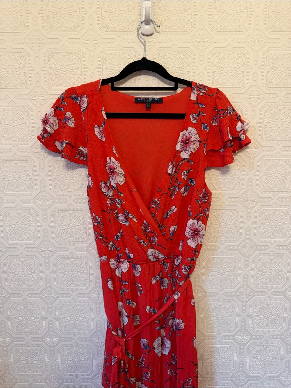 one clothing Pink Orange Floral Wrap Maxi Dress with Puff Sleeves Size M - Picture 2 of 8